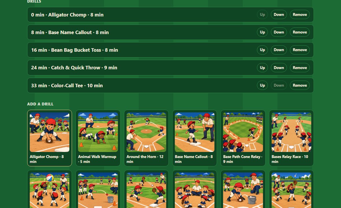 The practice builder: five drills timed from 0 to 33 minutes, above a grid of illustrated drills waiting to be added.