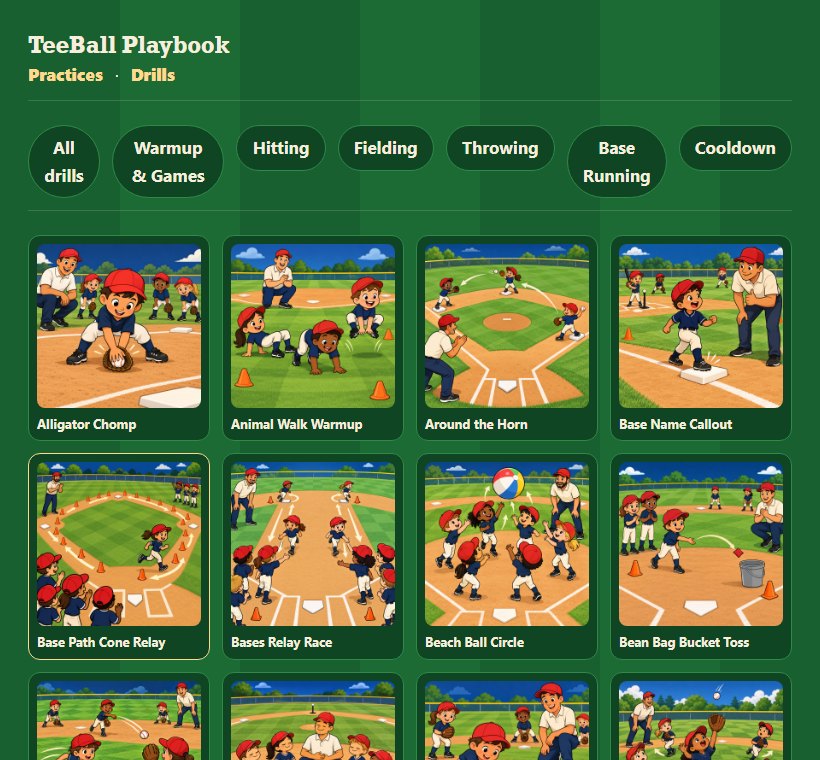 The drill library filtered by category, showing illustrated drills like Alligator Chomp and Bases Relay Race.