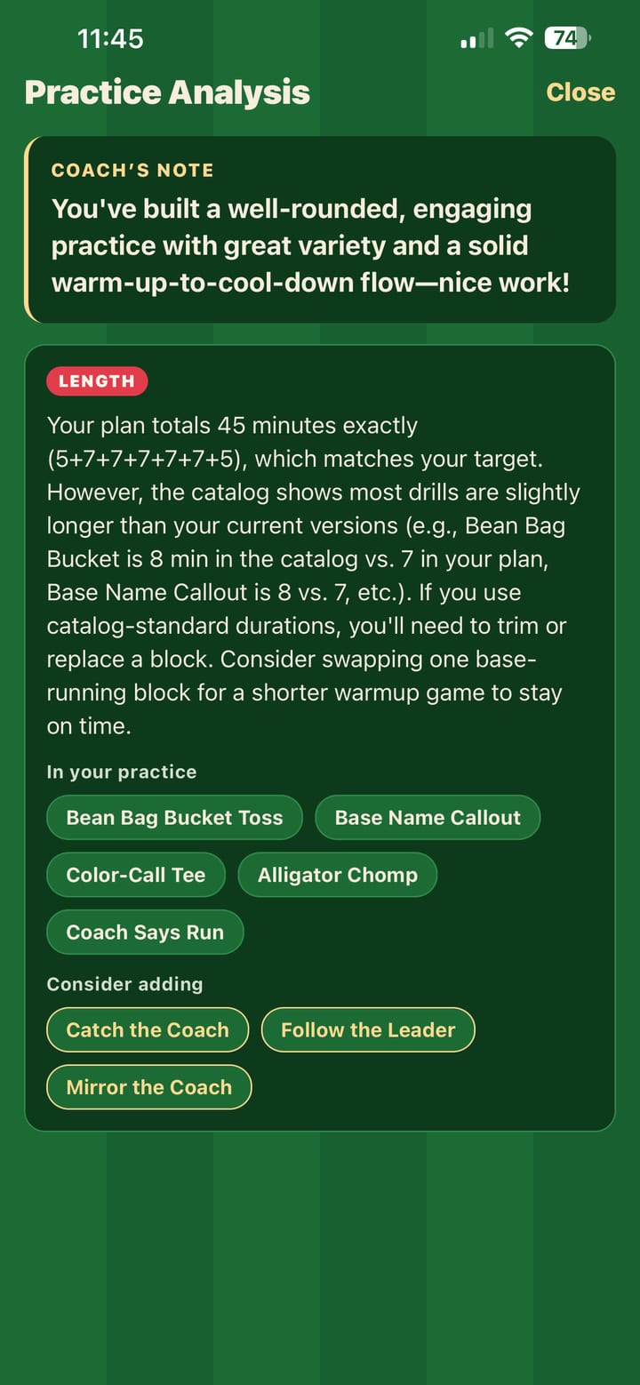 Practice Analysis: a coach’s note saying the plan is well rounded, a finding about its length, and chips suggesting drills to add.