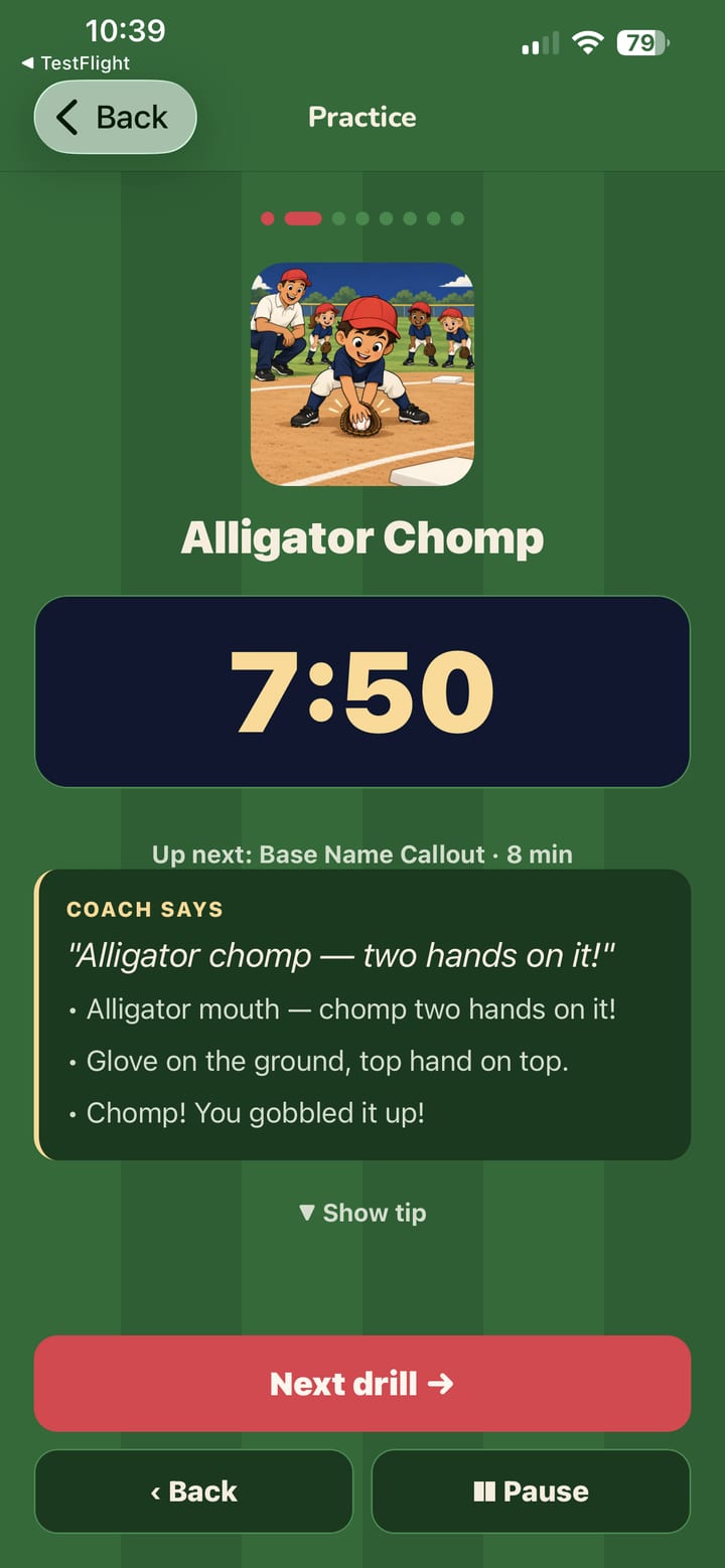 The practice timer running Alligator Chomp with 7:50 left, what is up next, and the words to say to the kids.
